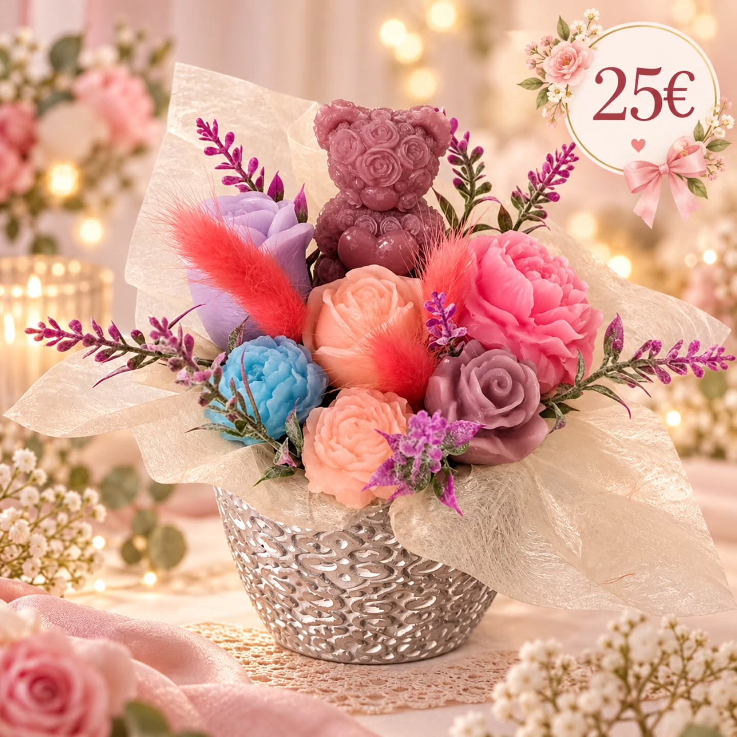 Букет от соев восък с мече, рози и божури — Easdy Flowers